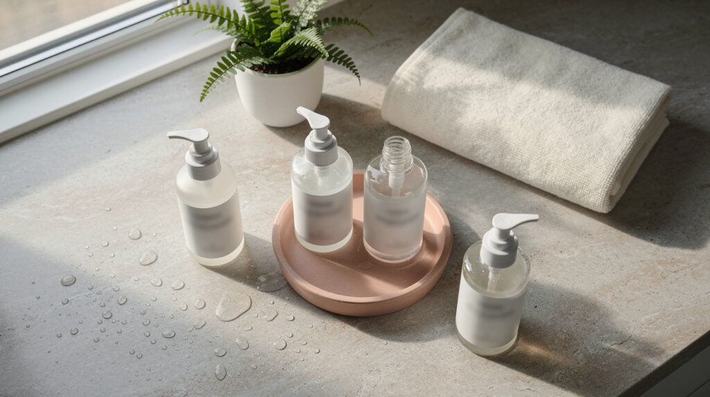 Best lubricant Malaysia selection on bathroom counter with towel and plant