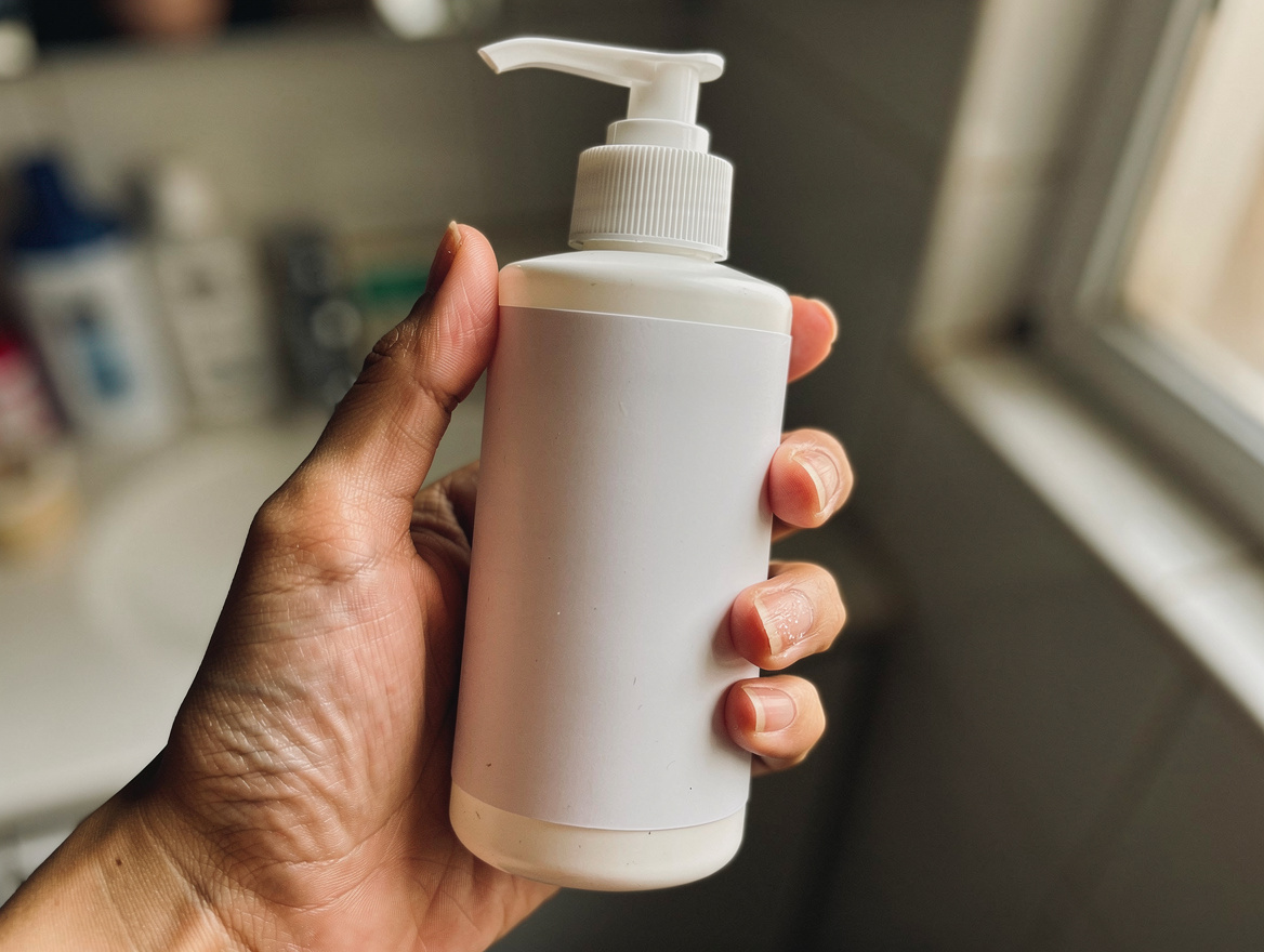 Hand holding a water based lubricant bottle in Malaysia bathroom