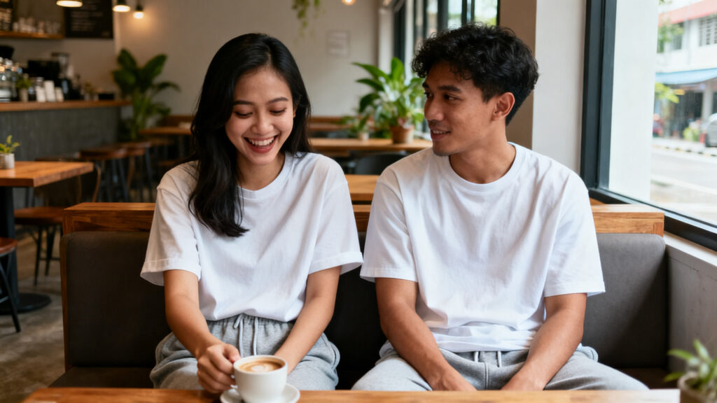 Malaysian couple in their late 20s sitting shoulder to shoulder at a KL cafe having an open conversation — illustration for how to talk about sex with your partner guide