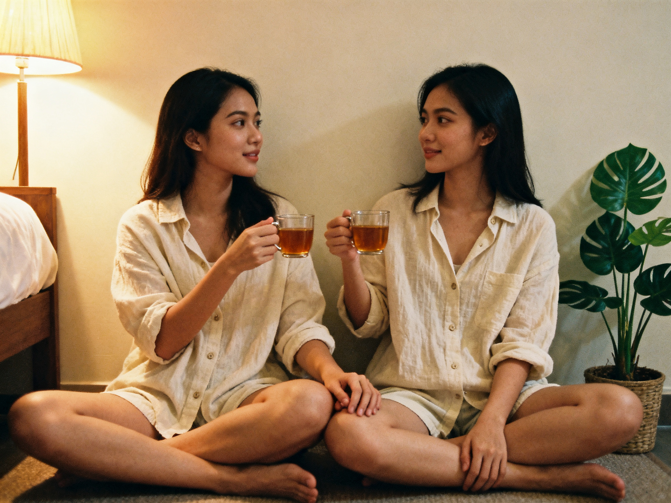 Asian lesbian couple sitting cross-legged on the bedroom floor with tea mugs having an intimate conversation — Malaysian sex communication for couples
