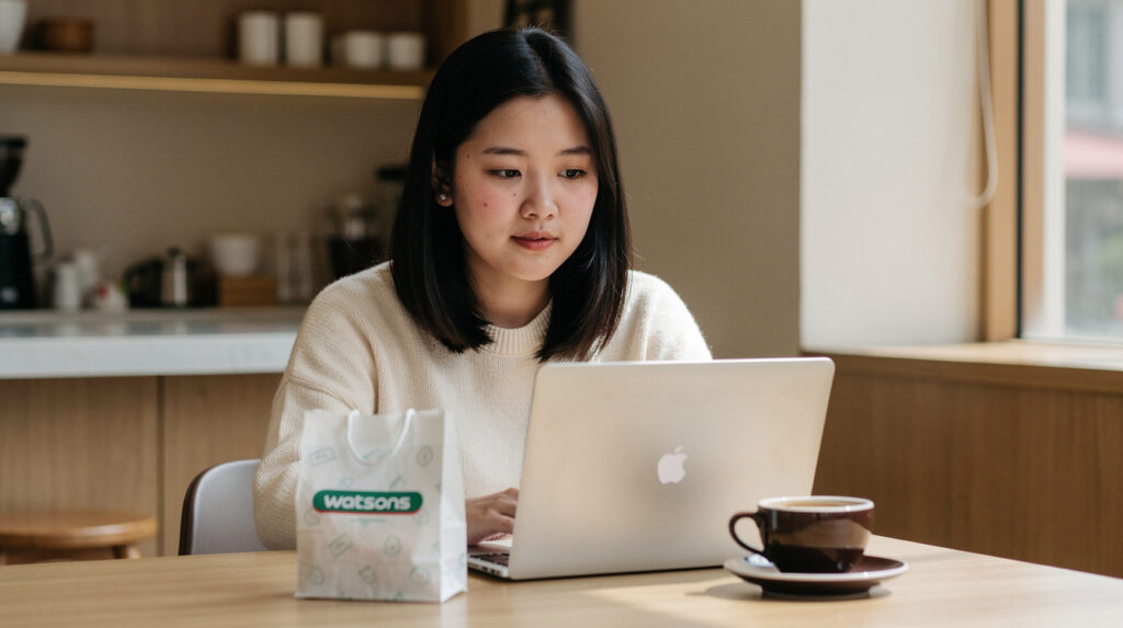 Malaysian woman reading Karex condom price hike news on laptop with Watsons pharmacy bag in 2026