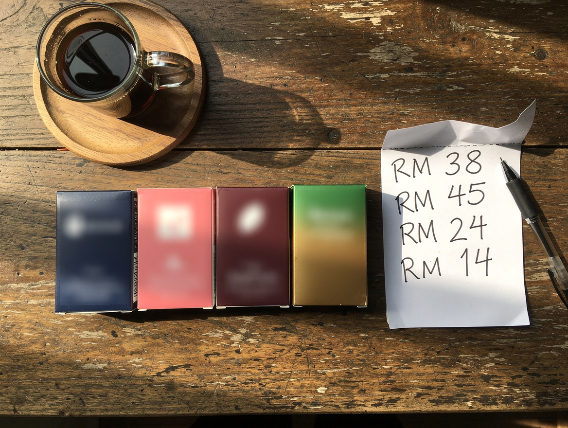 Five condom brand boxes laid out with handwritten Malaysian Ringgit price comparison notes