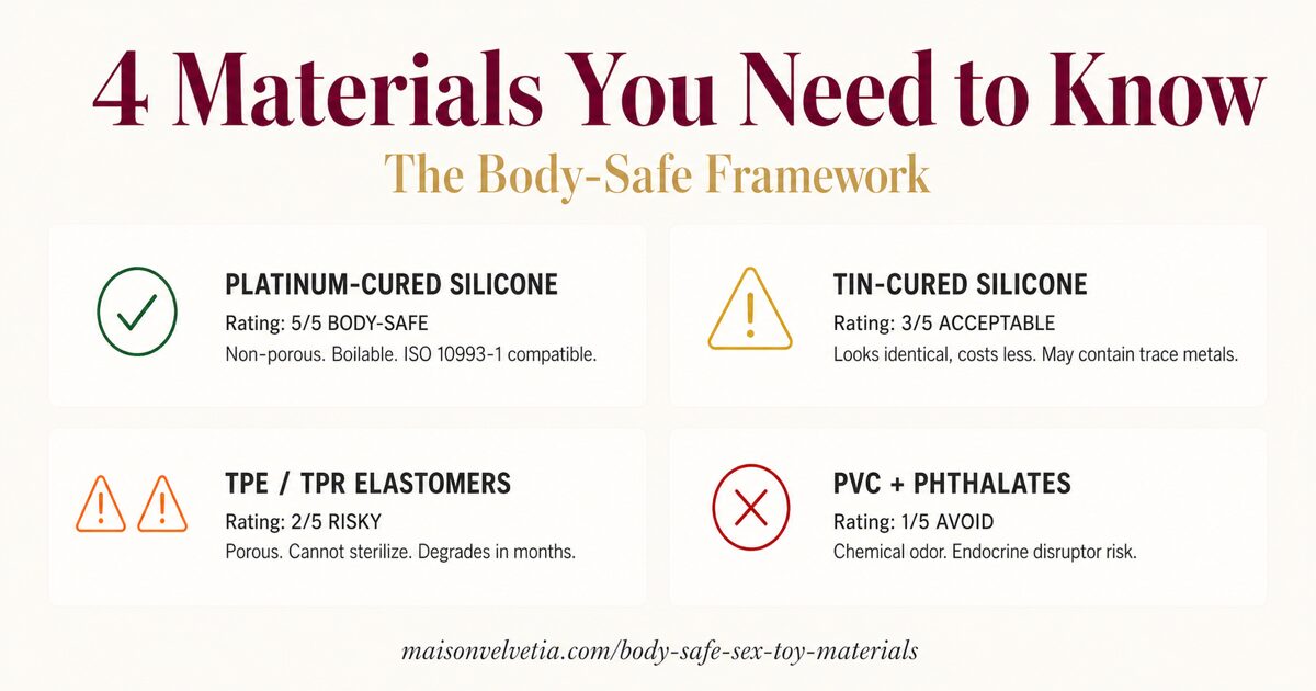 4-material body-safe framework comparison: platinum-cured silicone, tin-cured silicone, TPE/TPR, PVC with phthalates with safety ratings