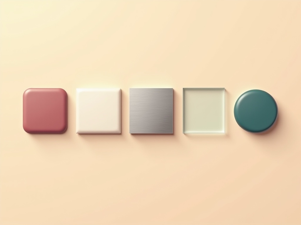 Illustration of five flat material swatches — silicone, ABS plastic, stainless steel, borosilicate glass and properly anodised and sealed aluminium — on a warm cream background