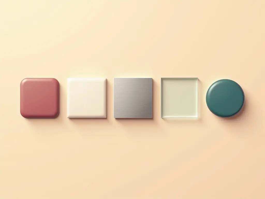 Illustration of five flat material swatches — silicone, ABS plastic, stainless steel, borosilicate glass and properly anodised and sealed aluminium — on a warm cream background