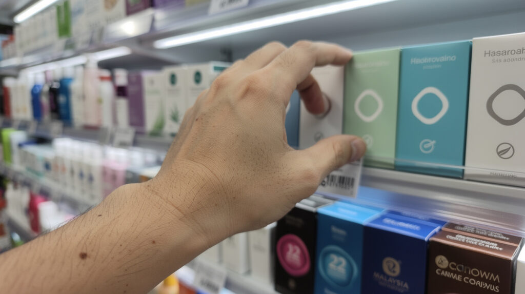 Hand reaching for condom box on pharmacy shelf in Malaysia — condom buying guide Malaysia