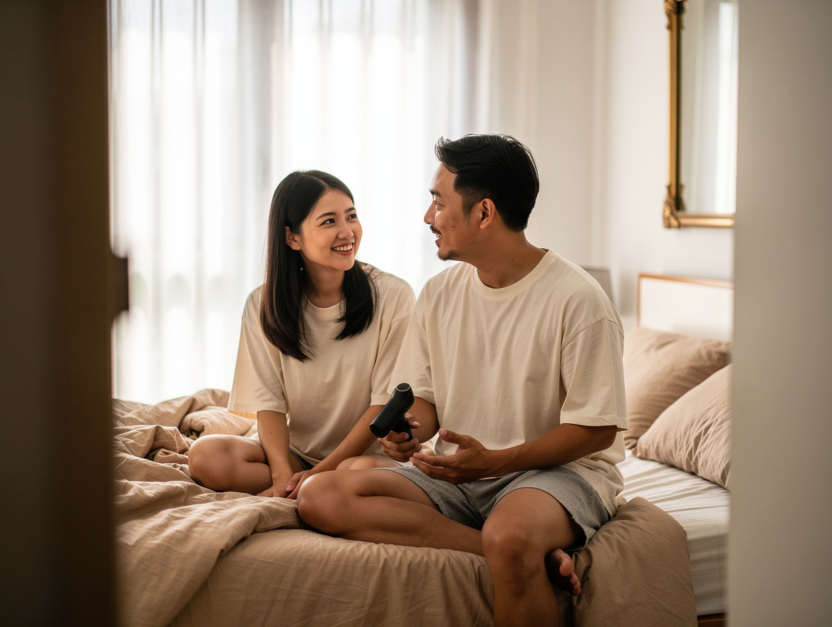Asian couple in cotton t-shirts sitting on the edge of a bed having a relaxed conversation about a wand massager
