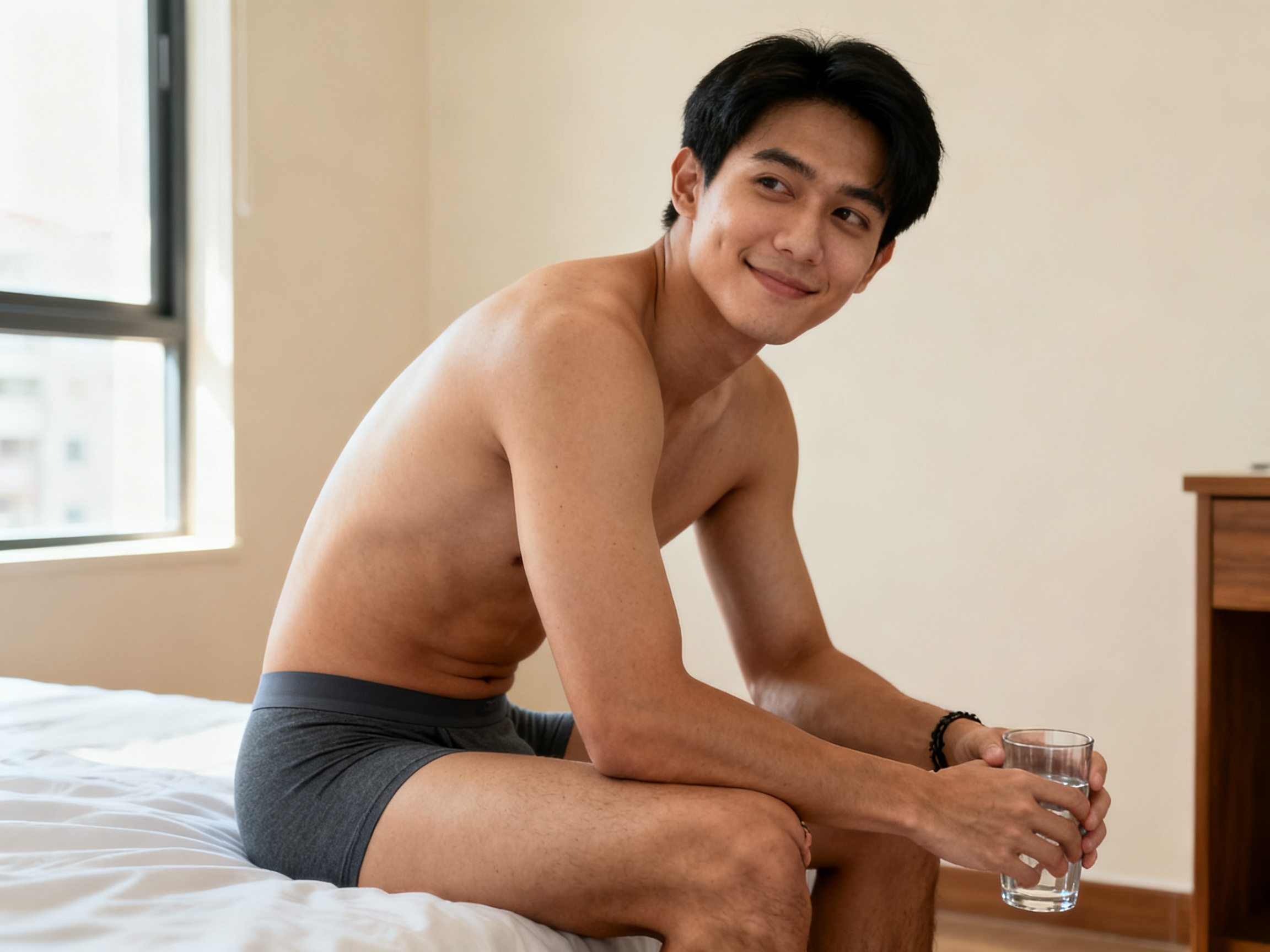Handsome Asian man sitting on edge of bed in Malaysian condo bedroom holding water, contemplating how to introduce sex toys to partner