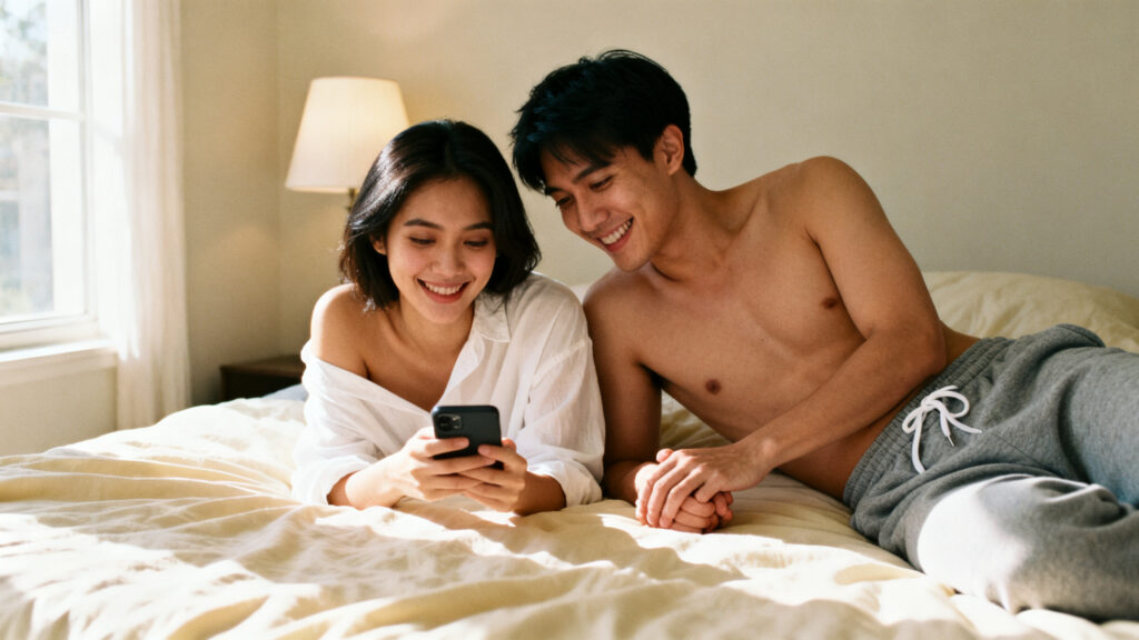 Young Asian couple lying on bed together reading phone, warm intimate moment — couples sex toys Malaysia