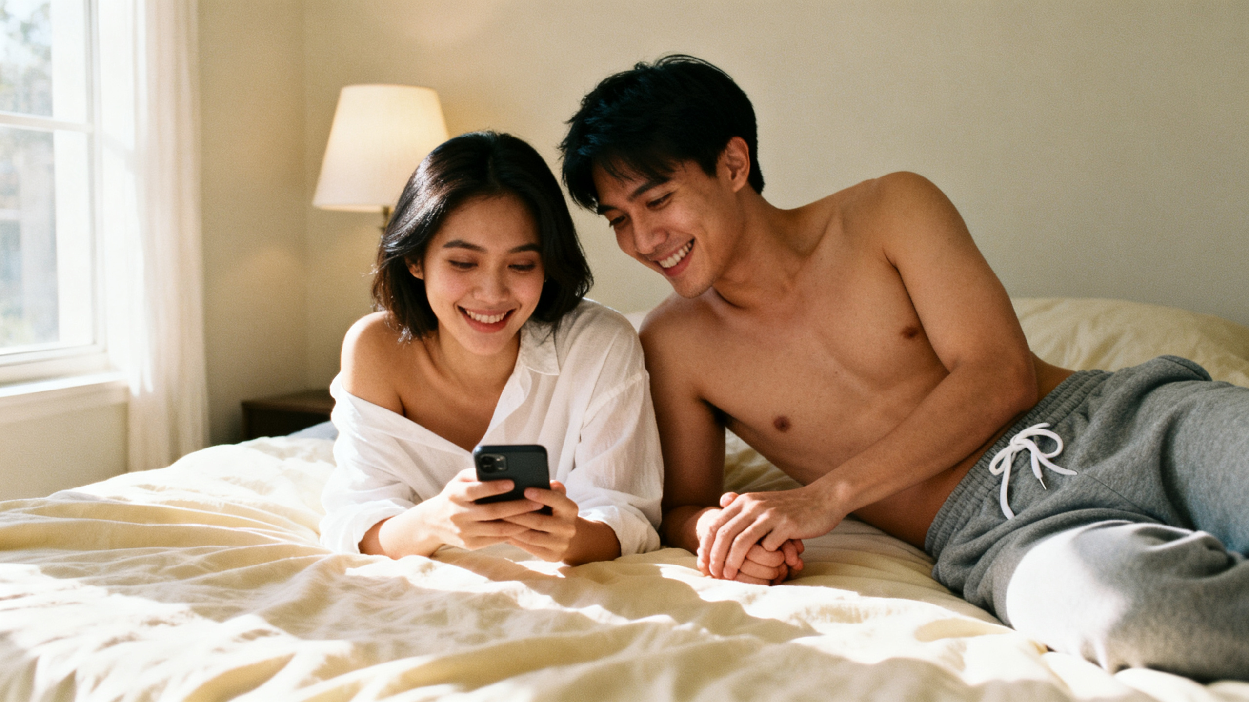 Young Asian couple lying on bed together reading phone, warm intimate moment — couples sex toys Malaysia