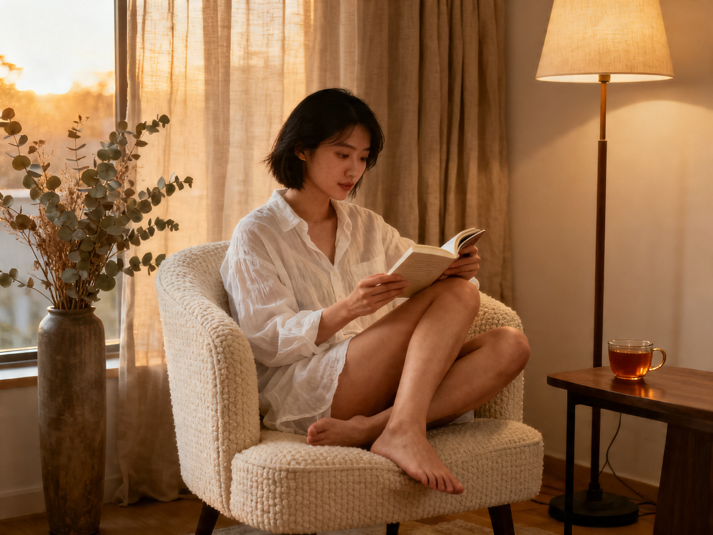 Woman reflecting on her intimate wellness choices with a journal and tea