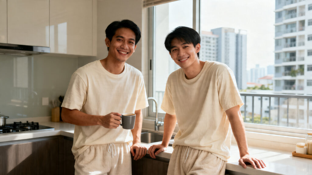 Asian gay couple in their late 20s sharing a relaxed morning at their KL condo, representing the inclusive intimate wellness conversation for same-sex couples in Malaysia
