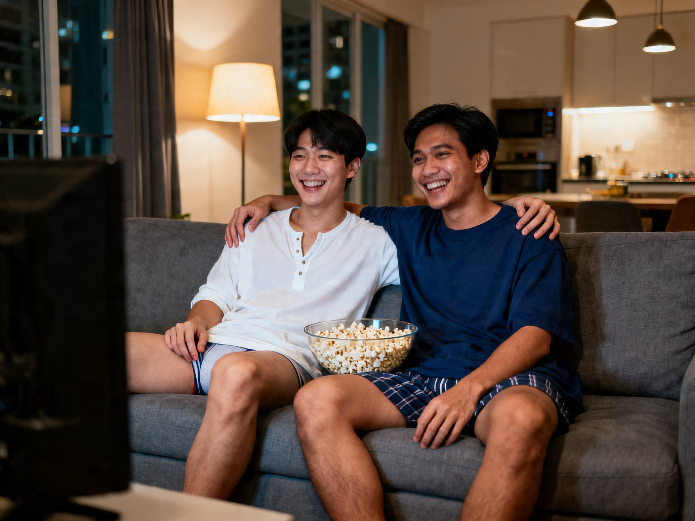 Two Asian men laughing together on a sofa during an evening at home, illustrating comfortable communication as the foundation of gay couple intimate wellness