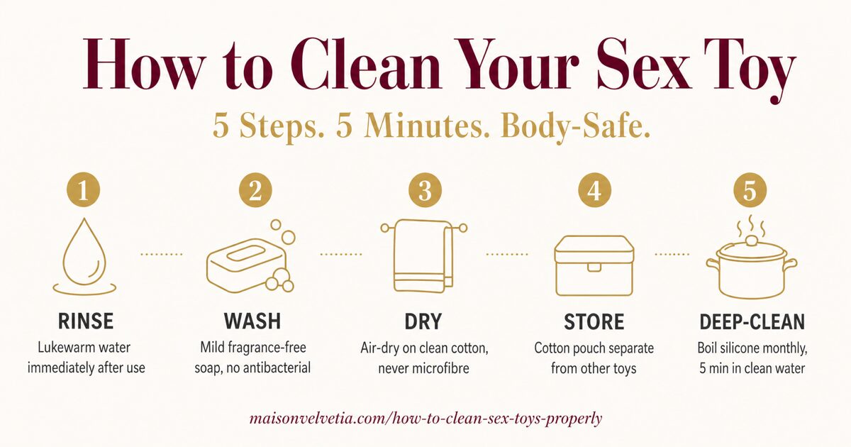 How to clean sex toys in 5 steps: rinse, wash, dry, store, deep-clean — body-safe protocol