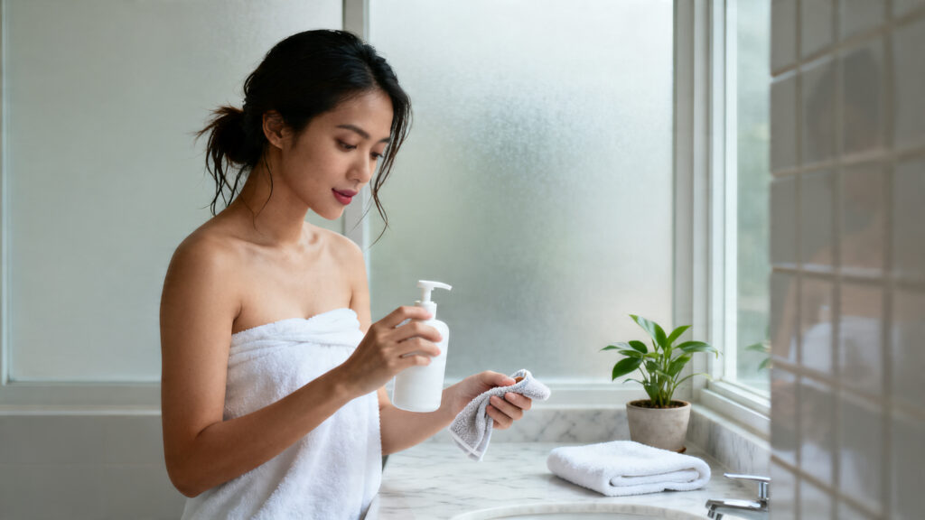 Woman at bathroom counter drying an intimate wellness device with microfibre cloth — body-safe cleaning routine