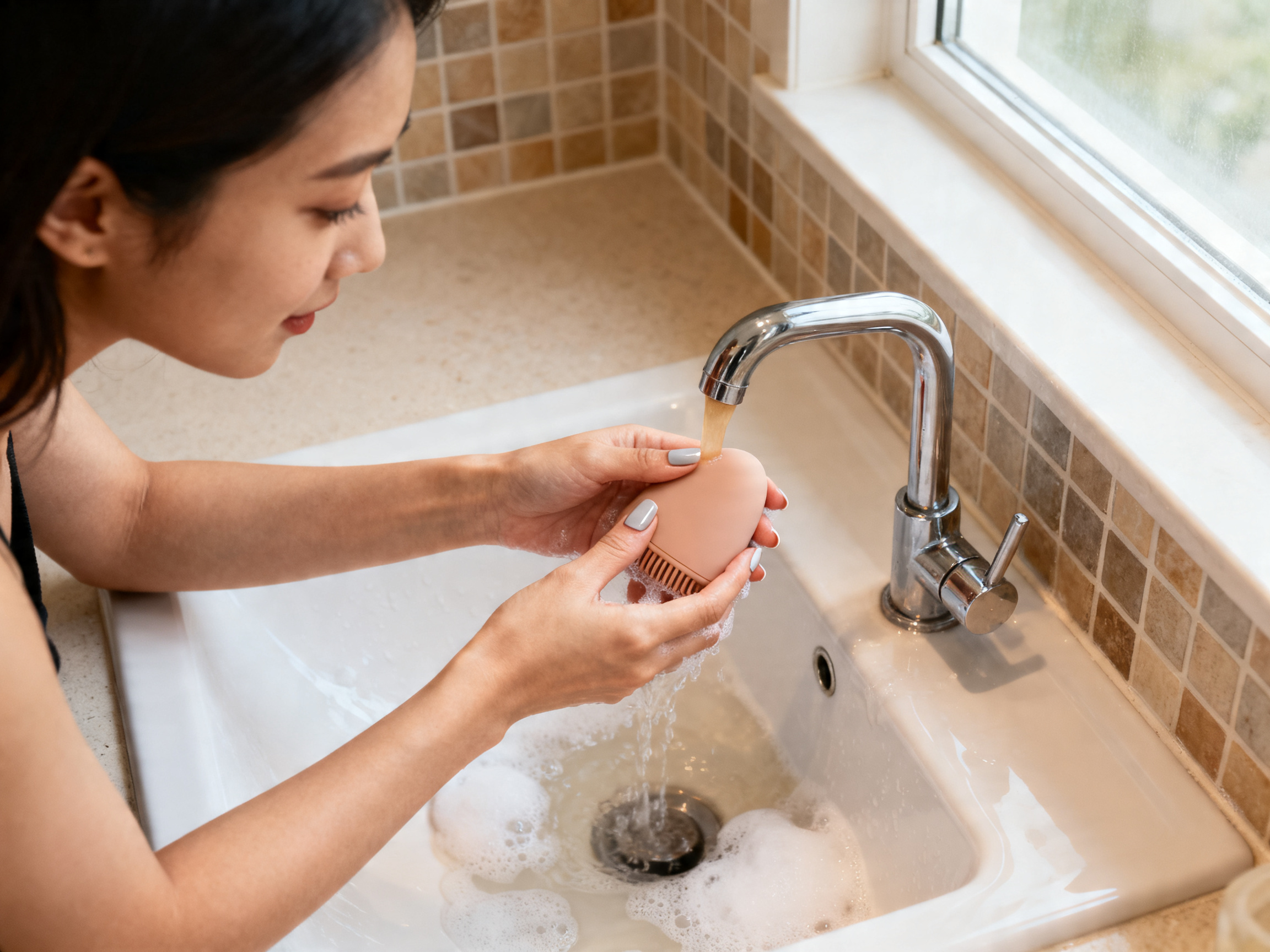 Hand washing silicone intimate wellness device under warm running water with mild soap