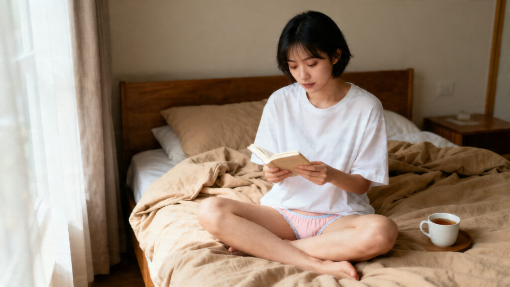 Woman learning how to use a vibrator for the first time — relaxed on bed with morning light