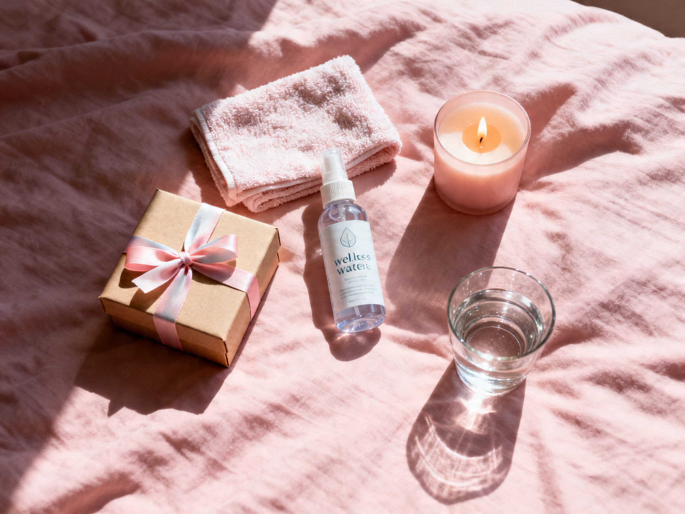 how to use a vibrator for the first time — setup flatlay with water-based lubricant, washcloth, and wellness essentials on fresh linen