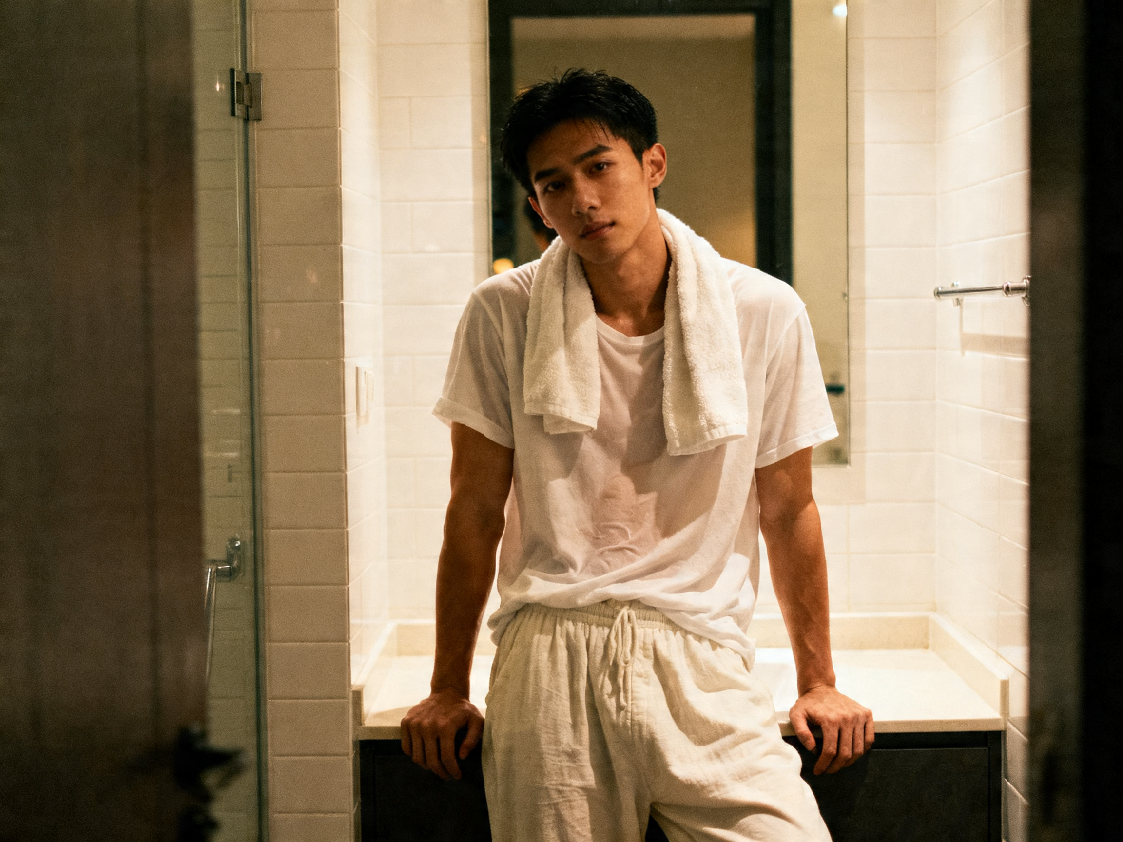 Asian man leaning against bathroom counter post-shower evening light, body-safe intimate wellness routine for Malaysian men