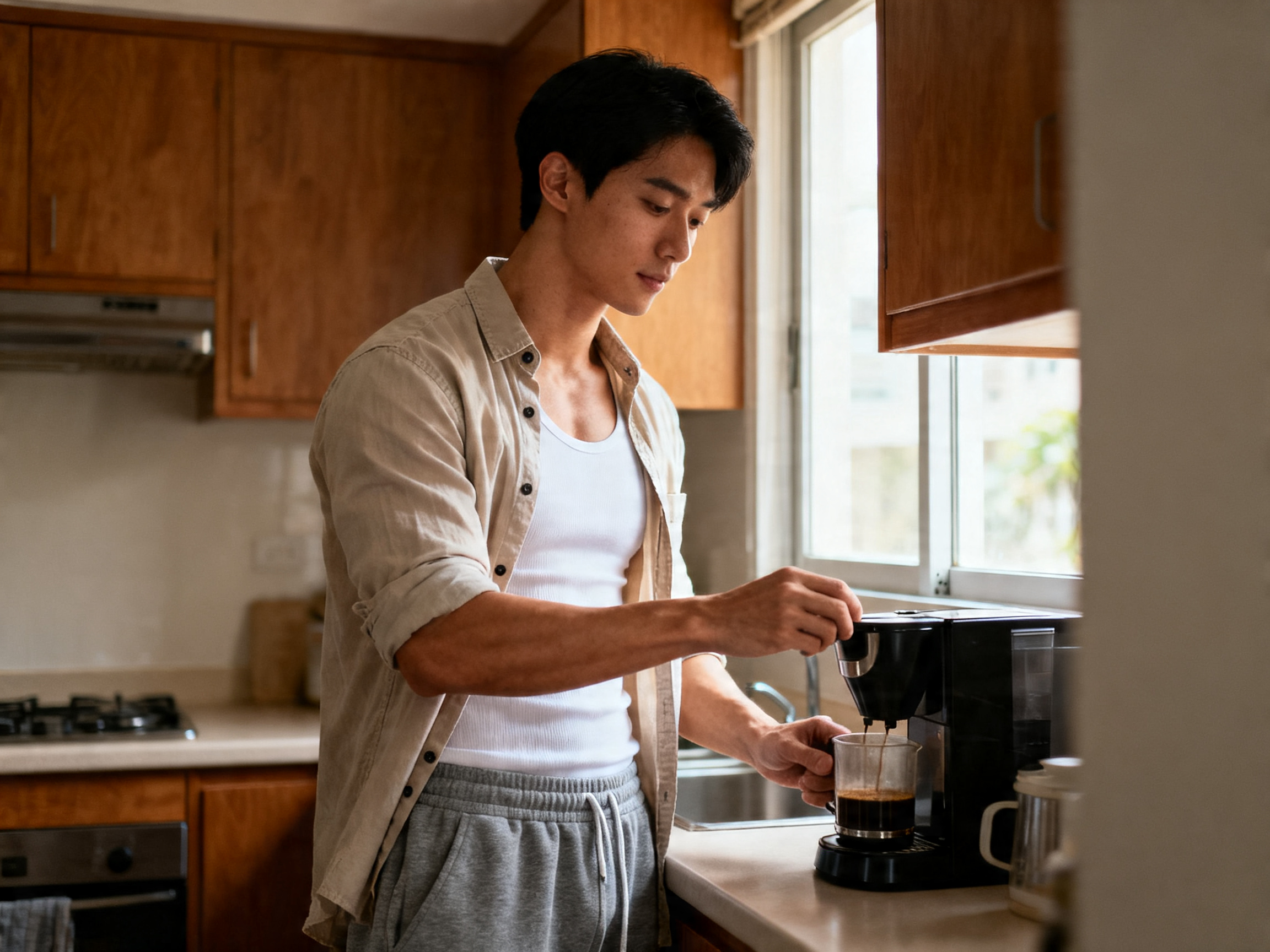 Asian man standing at kitchen counter making coffee afternoon light, everyday self-care wellness routine Malaysia men