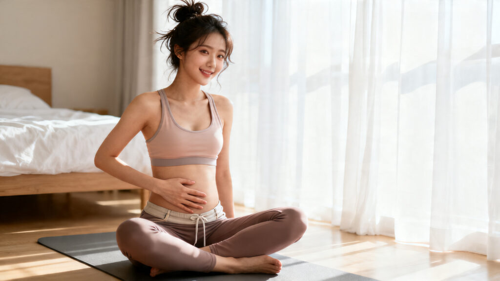 Woman in Malaysia practising kegel exercises on yoga mat for pelvic floor health
