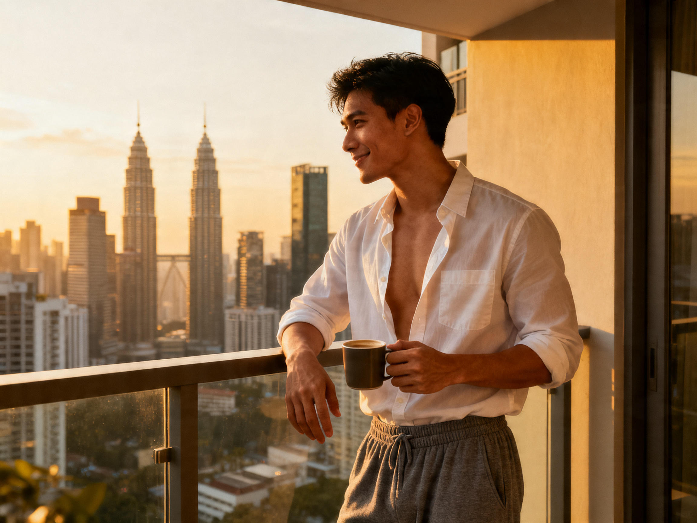 Young Asian man reflecting on a KL condo balcony at golden hour, representing the personal self-exploration stage of LGBTQ+ intimate wellness in Malaysia