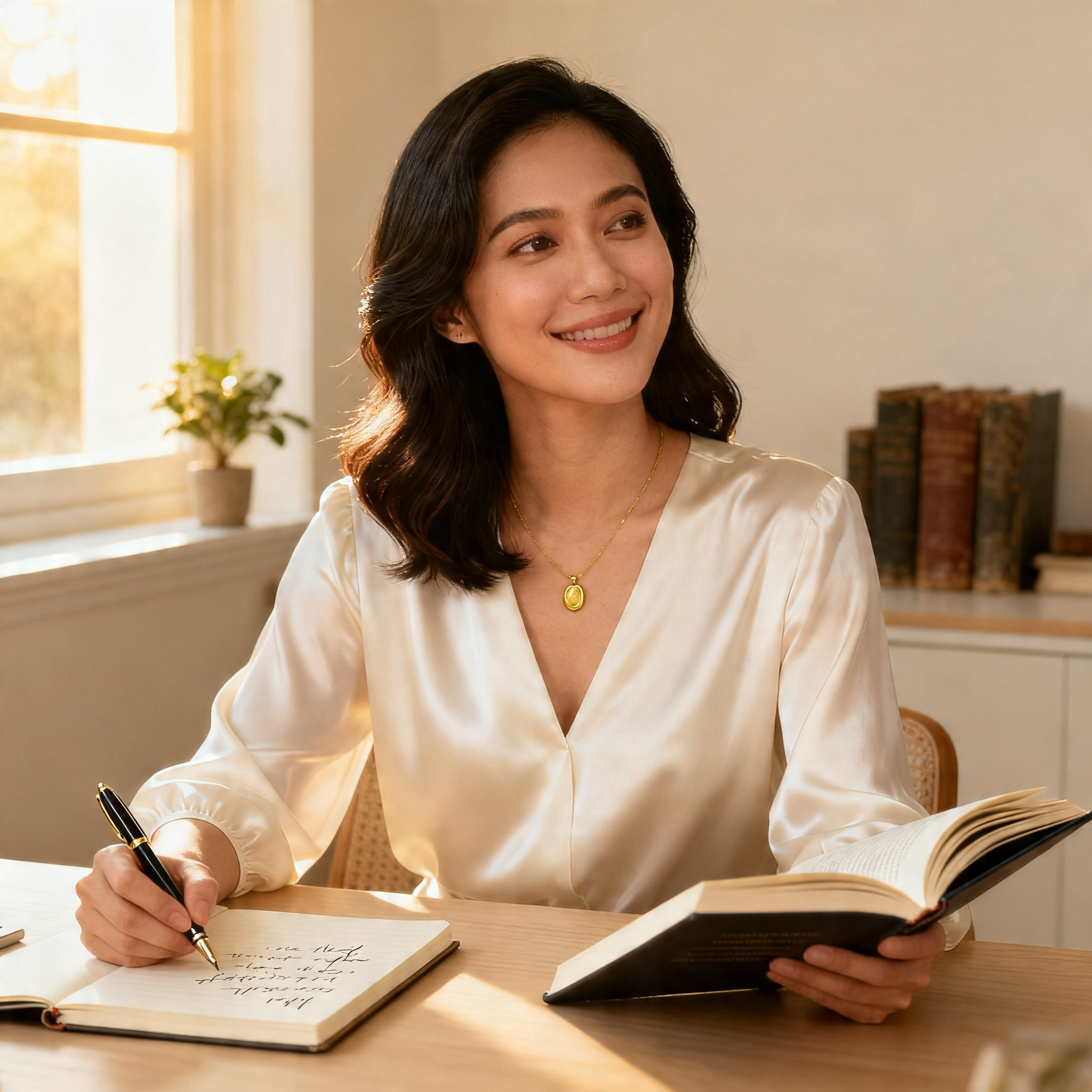 Mae Chen, Intimate Wellness Editor at Maison Velvetia, seated at her editorial desk with a journal and reference book