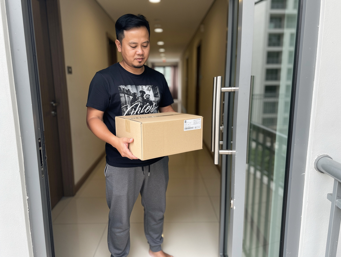Malaysian man receiving a plain unmarked brown parcel at KL condo doorway — discreet male masturbator Malaysia delivery with generic packaging