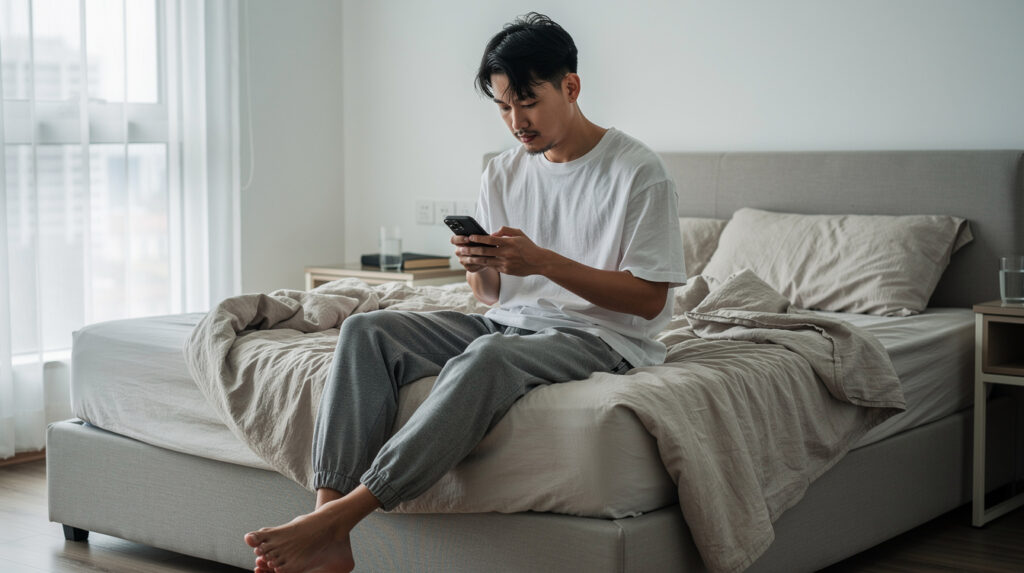 Young Malaysian Chinese man in casual loungewear sitting on bed checking phone in morning light, illustrating a male masturbator Malaysia buying guide