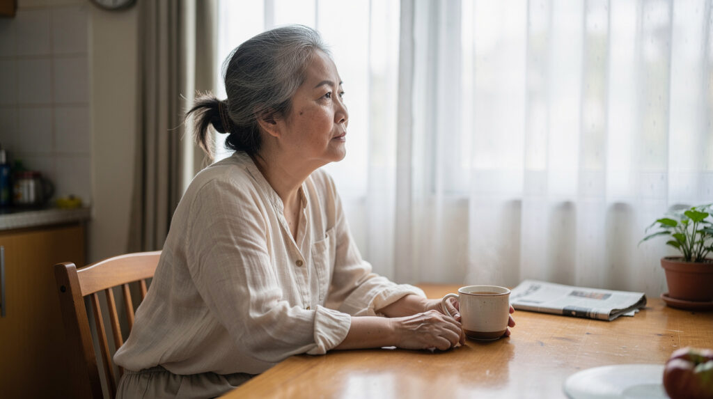 Malaysian Chinese woman in her 50s at a quiet morning table, navigating menopause intimacy with calm confidence