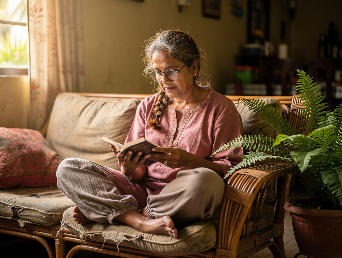 Malaysian Indian woman in her 50s reading on a rattan sofa — slow living supports menopause intimate wellness