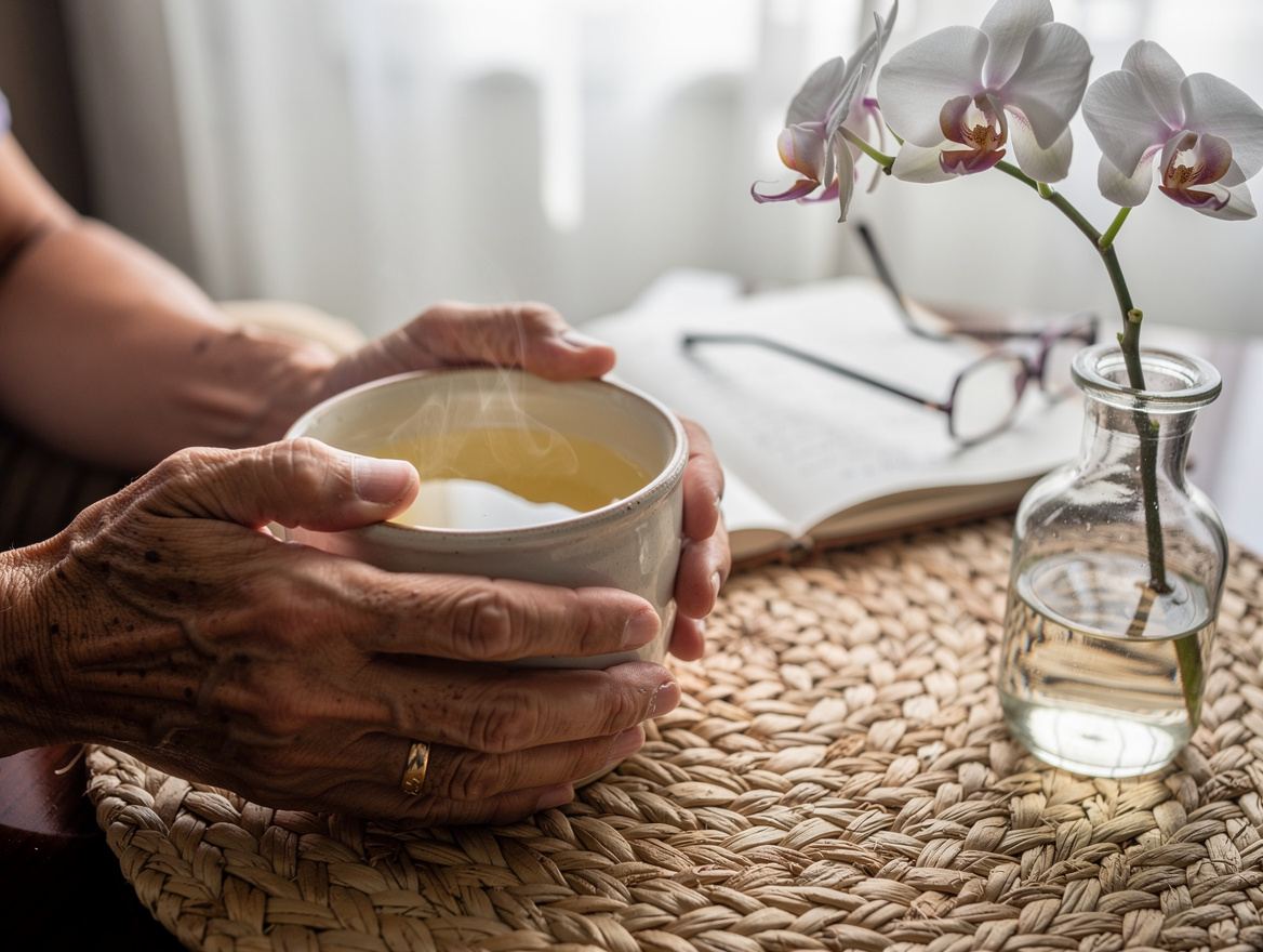 Mature hands cradling ginger tea — small daily rituals support intimate wellness during menopause