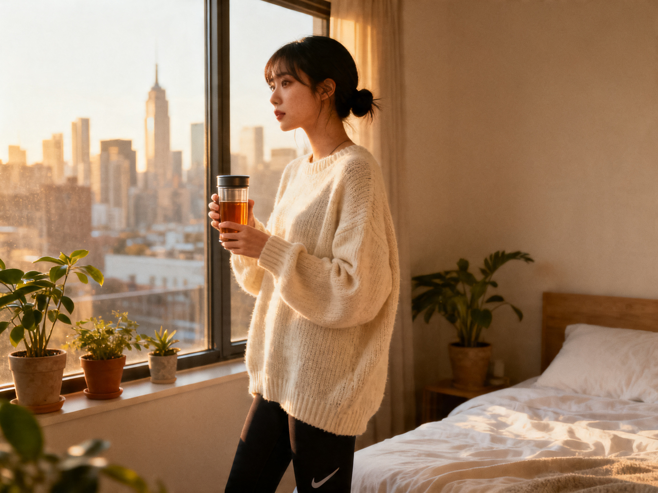 Malaysian woman relaxing with tea after kegel pelvic floor exercises routine