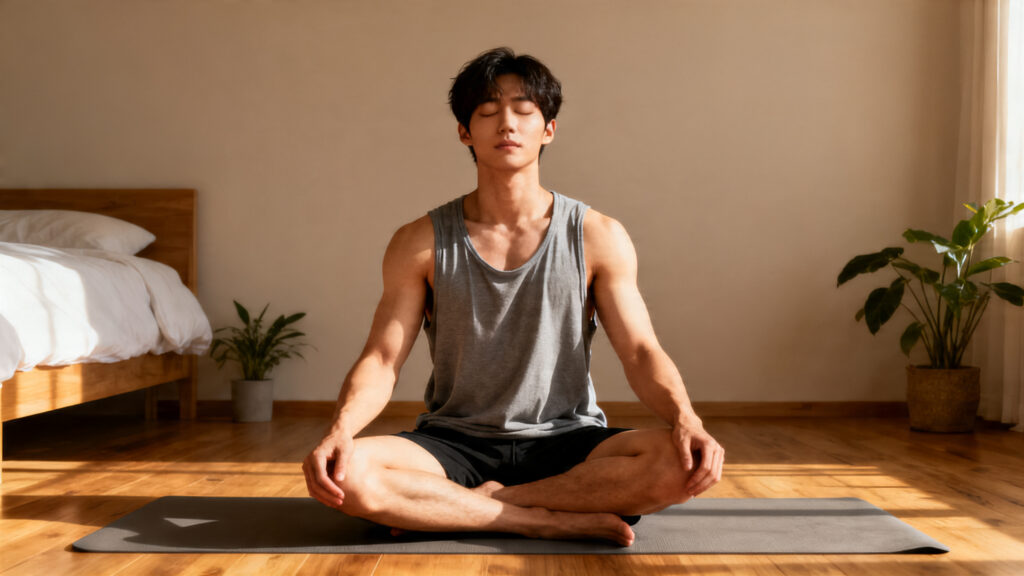 Man doing pelvic floor exercises on yoga mat in morning light — male kegel exercises routine