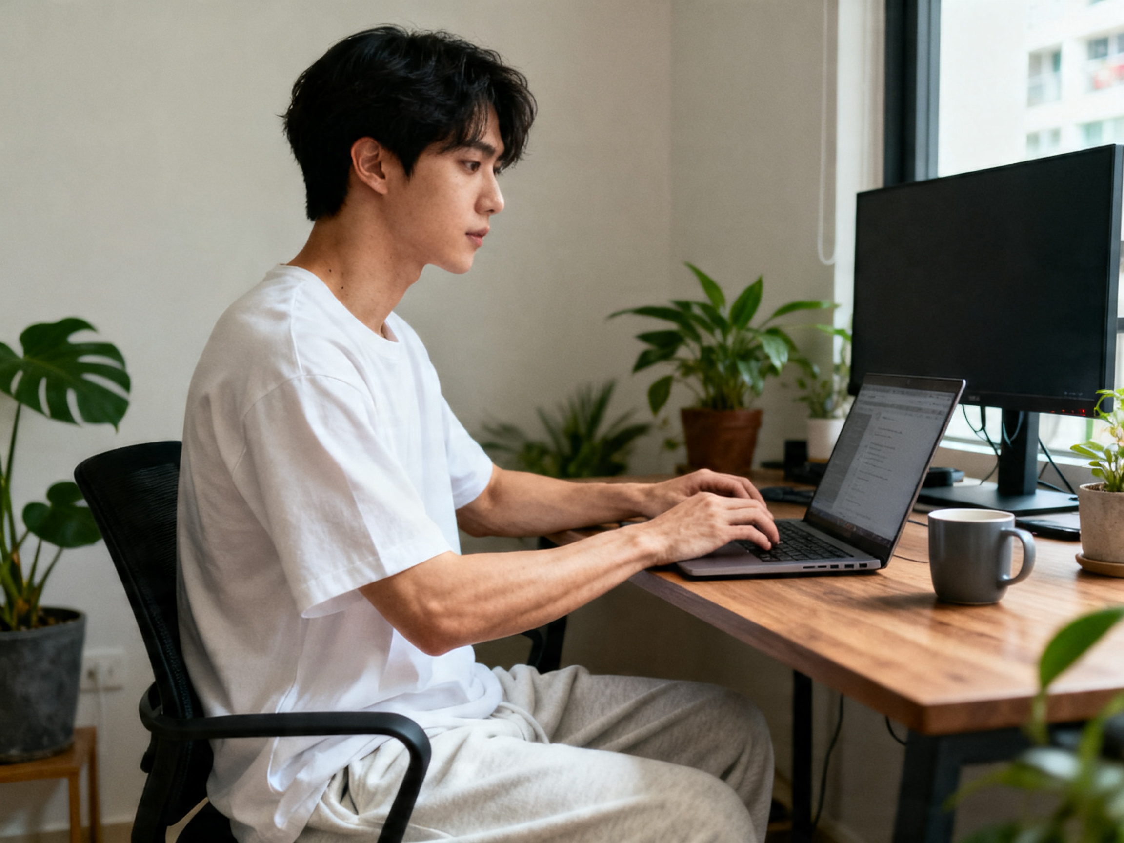Man sitting at home office desk with correct upright posture supporting pelvic floor health