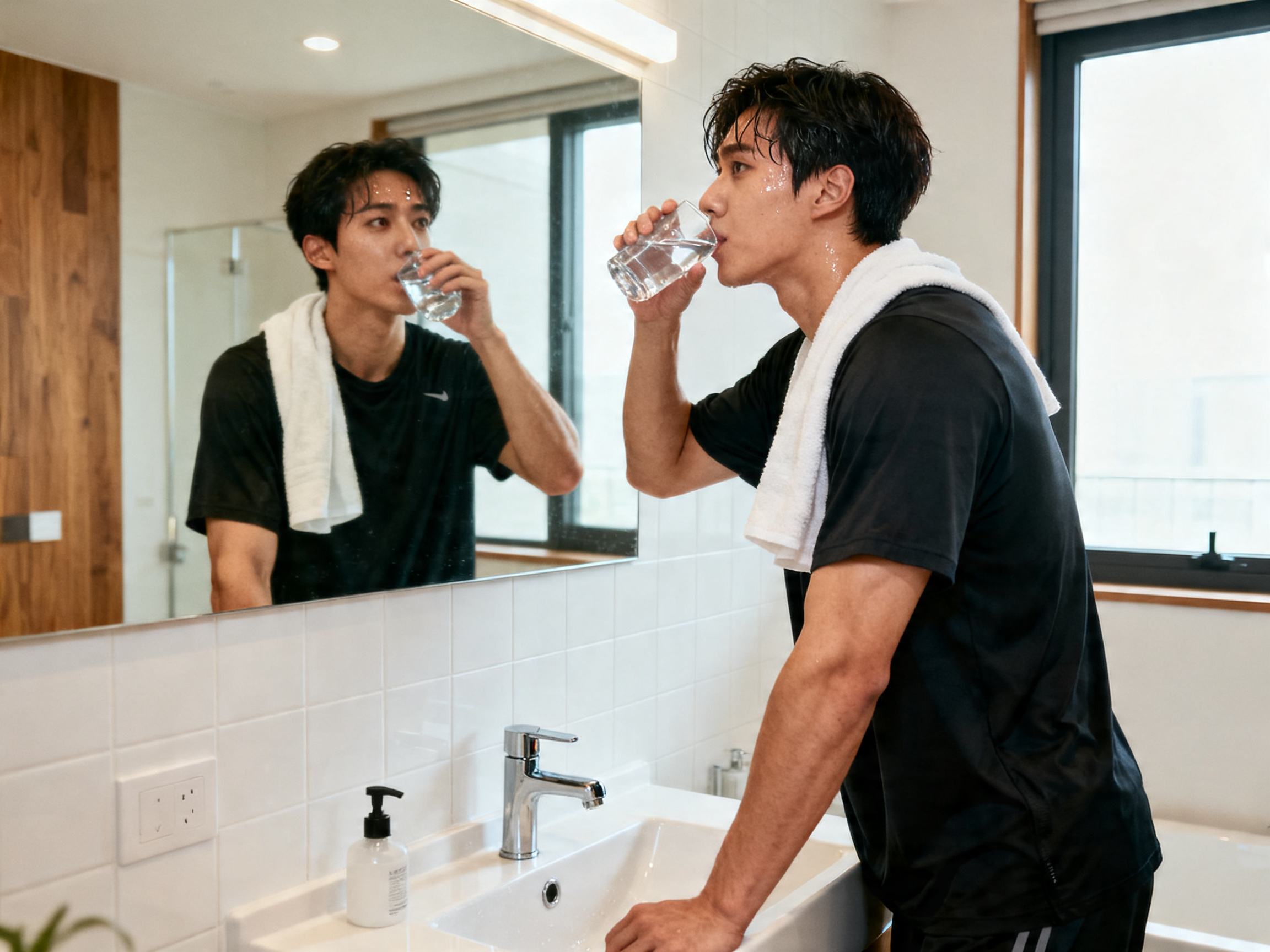 Man hydrating after workout in bathroom mirror — daily pelvic floor exercises for men routine