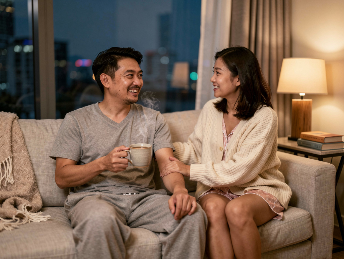 Malaysian Chinese couple having an honest conversation about intimacy on a sofa, breaking the performance anxiety loop
