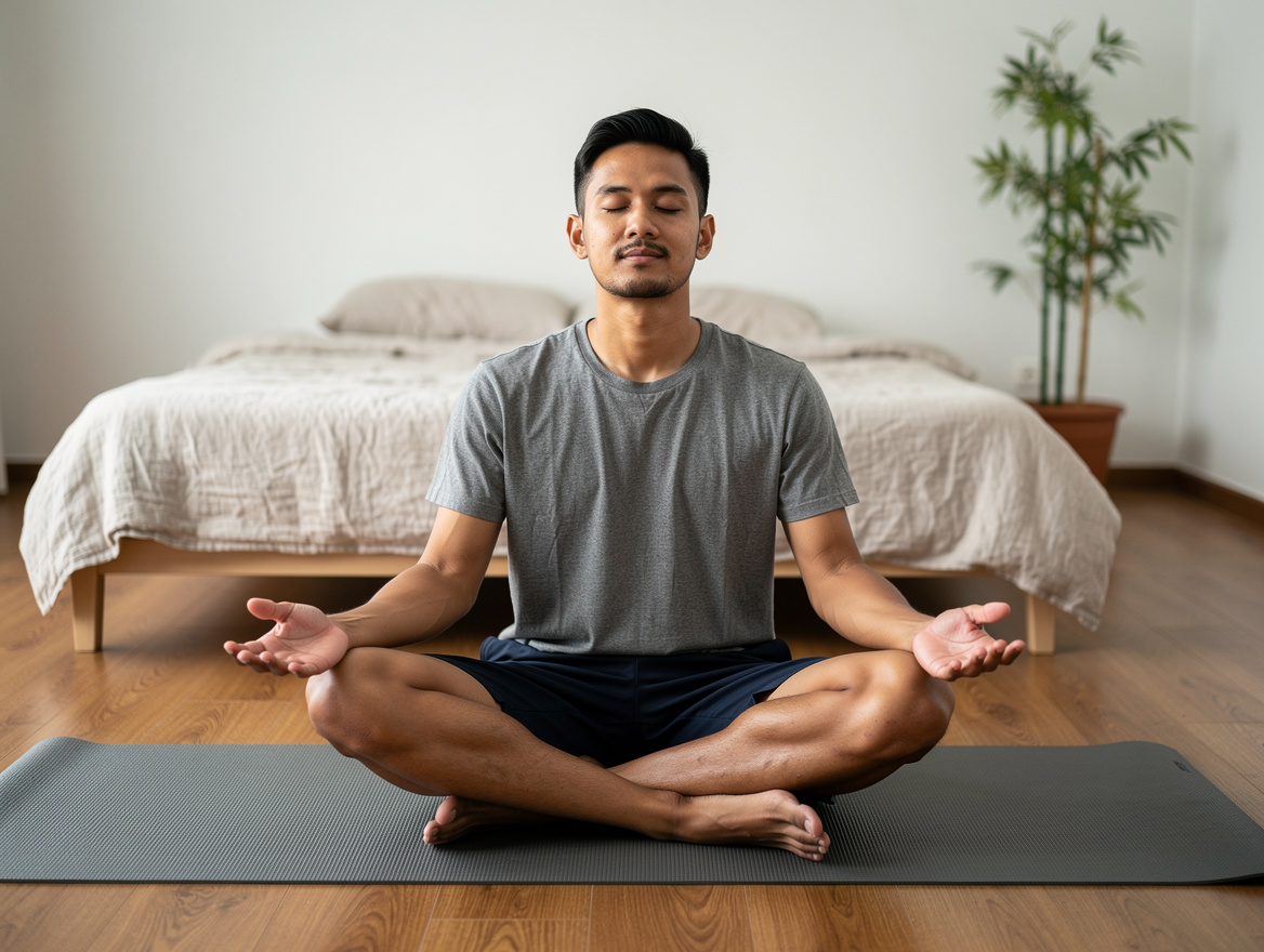 Malaysian man practicing breath-focused mindfulness on a yoga mat, behavioural therapy for premature ejaculation