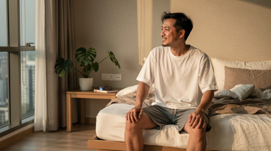 Malaysian man relaxing in a KL bedroom, evidence-based premature ejaculation natural solutions guide