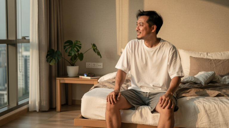 Malaysian man relaxing in a KL bedroom, evidence-based premature ejaculation natural solutions guide