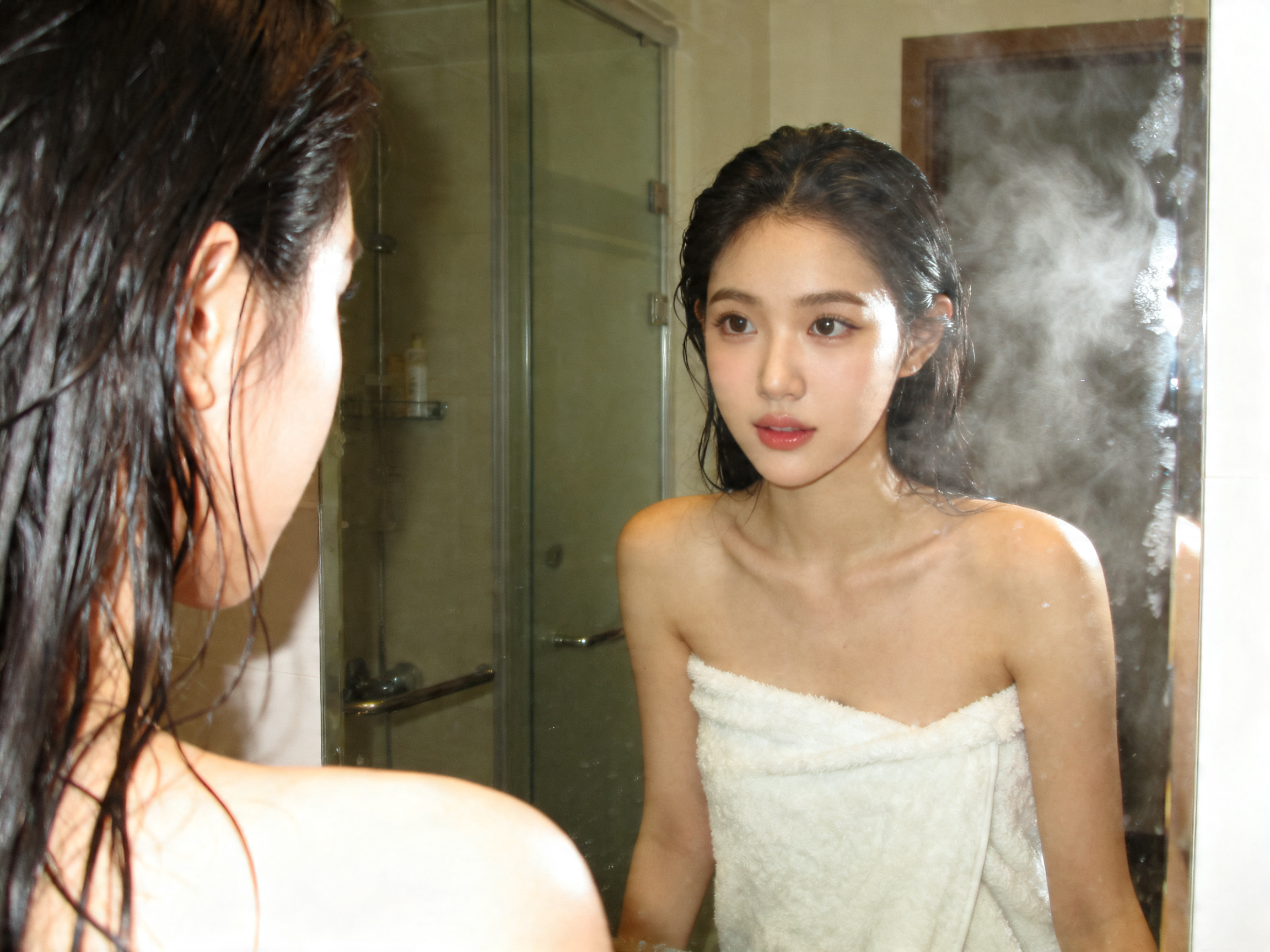 Woman fresh from shower in towel — intimate wellness Malaysia bathroom self-care