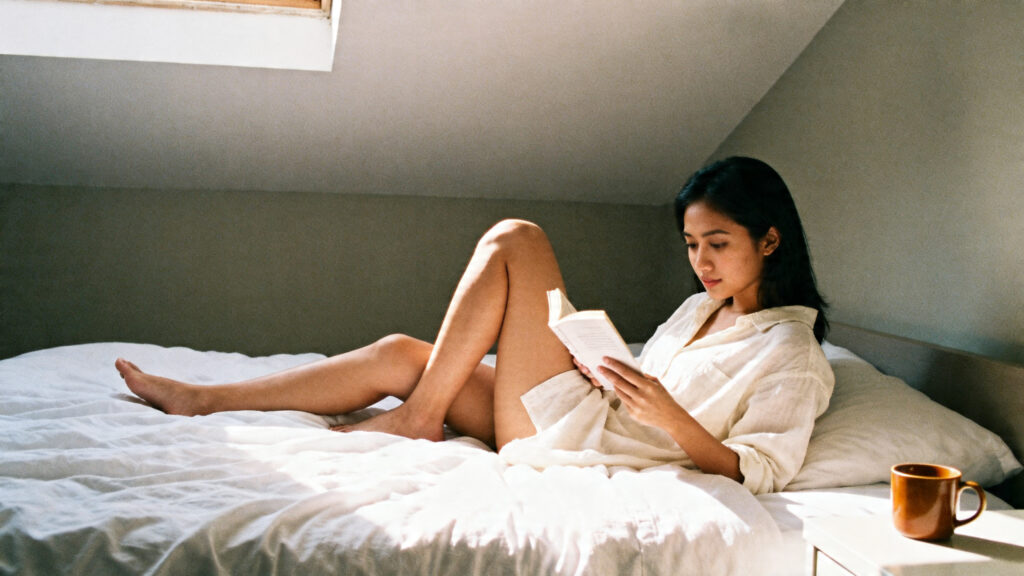 Malaysian woman reading quietly in bed during morning self-care routine — self-pleasure is self-care