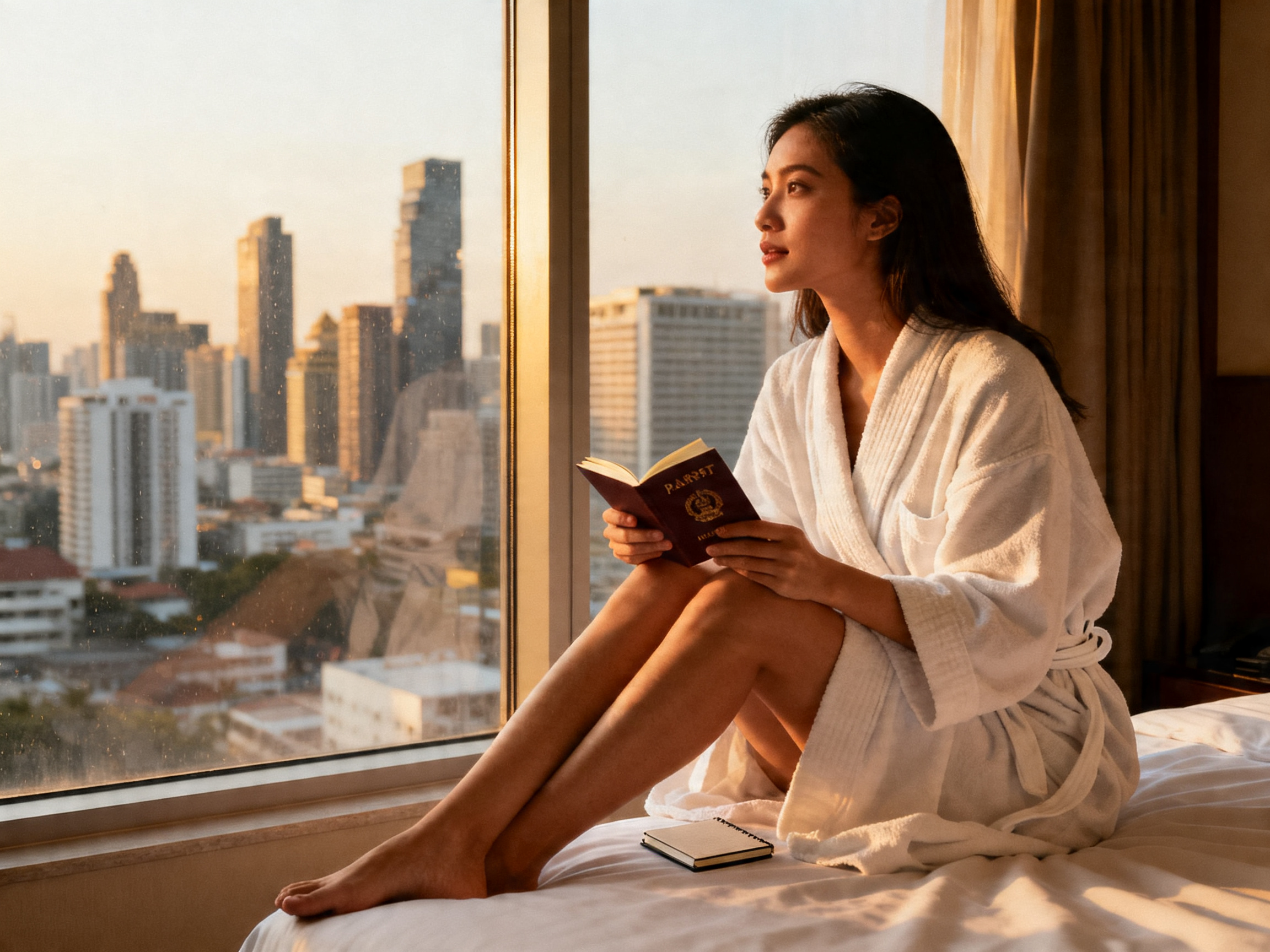 Asian traveler settling into a hotel room at golden hour planning discreet intimate wellness routine on the road