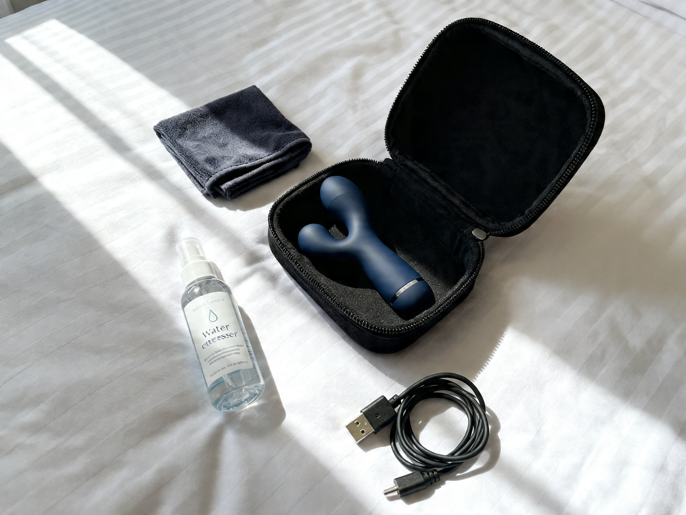 Packing an intimate device in a soft zipper pouch with microfibre cloth and USB-C cable for discreet travel