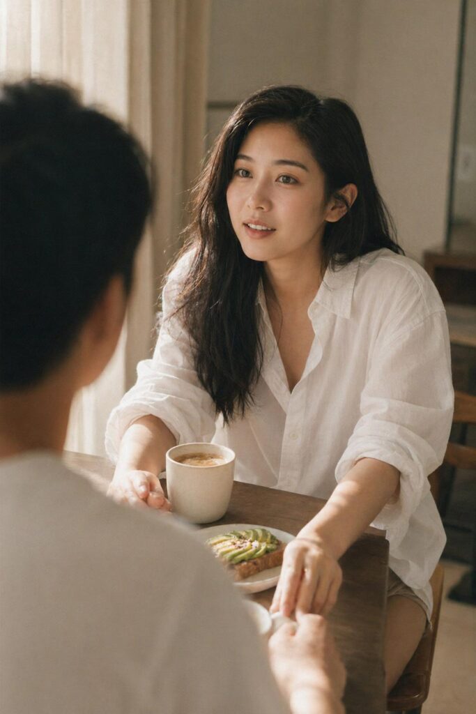 Mae Chen in a quiet morning conversation with her partner over coffee