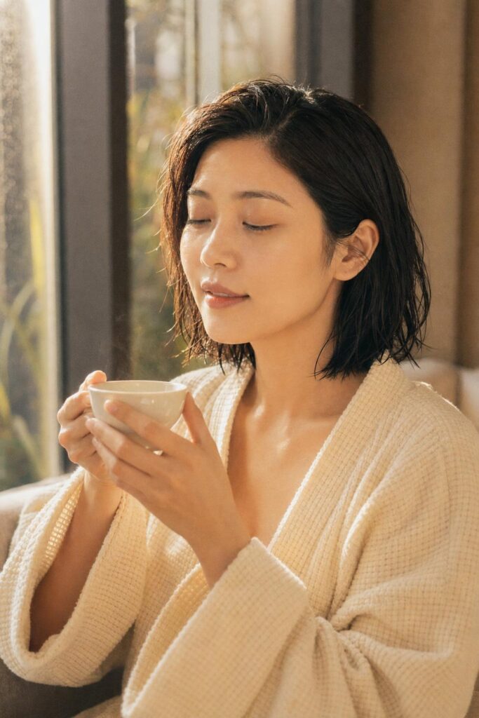 Mae Chen in a contemplative spa moment, late afternoon light