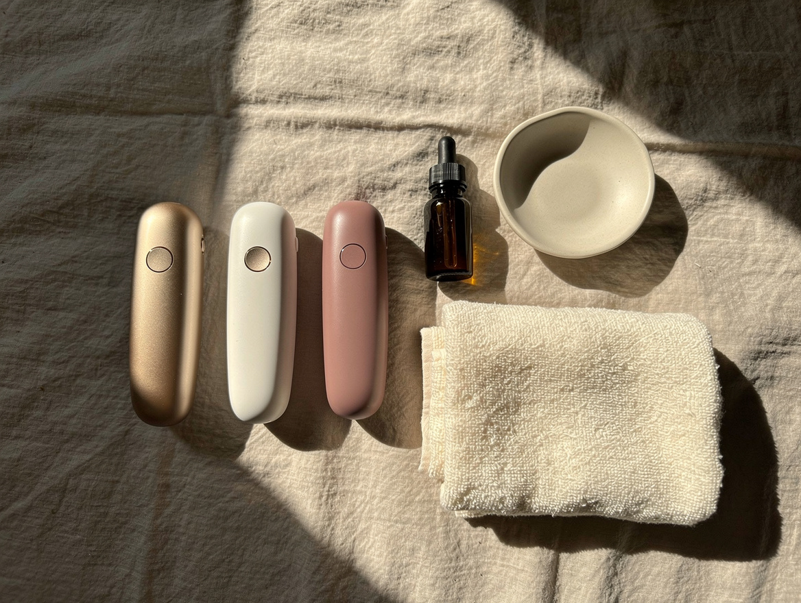 Three sleek modern wand massagers in champagne, white, and rose pink arranged with body oil bottle and washcloth on linen sheet
