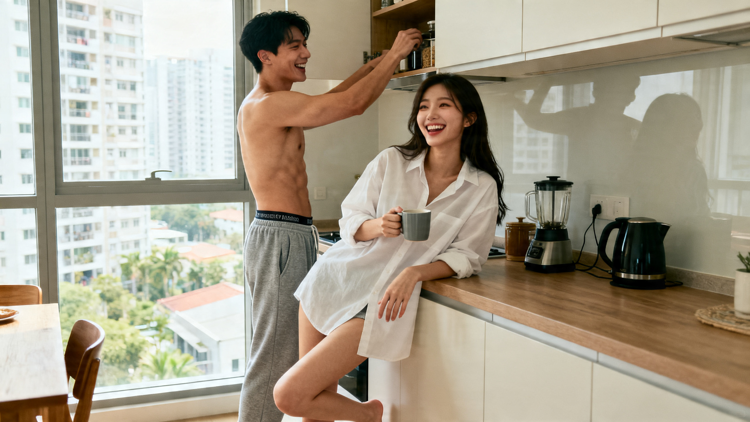 Malaysian couple laughing in morning kitchen showing ways to spice up relationship through small daily moments
