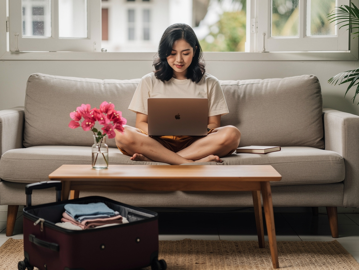 Young Malaysian Chinese woman in cream tee and linen shorts journaling on a beige mid-century sofa with half-packed burgundy carry-on suitcase in foreground, Penang Airbnb morning light — domestic travel discreet wellness Malaysia