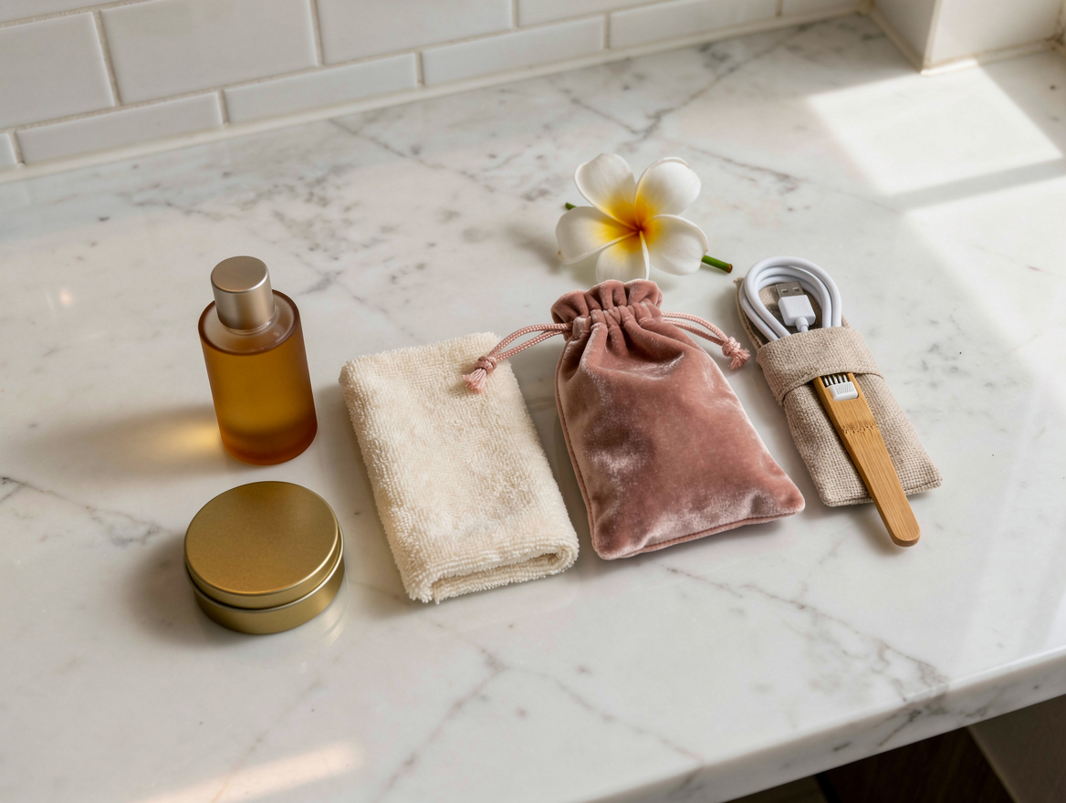 Overhead flat-lay of clean white marble KL hotel bathroom counter with travel-size body-safe lubricant, body wipes, microfiber cloth, dusty pink velvet pouch, USB-C cable, bamboo toothbrush and frangipani — domestic travel discreet wellness Malaysia